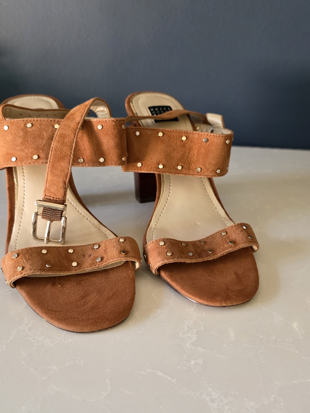 White House Black Market Suede Studded Block Heel Sandals in Cognac